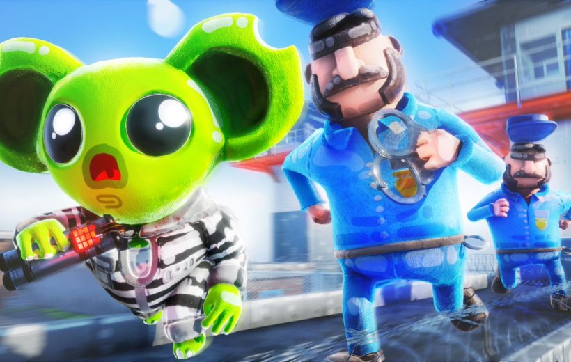 Bright green cartoon koala in a striped jumpsuit fleeing two uniformed police officers.