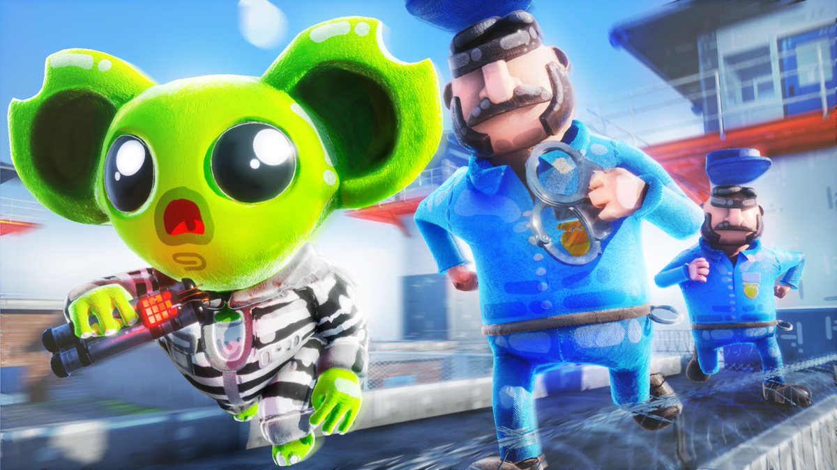 Bright green cartoon koala in a striped jumpsuit fleeing two uniformed police officers.