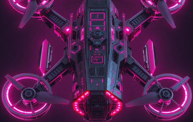 Futuristic quadcopter drone with glowing neon pink propeller rings against dark background