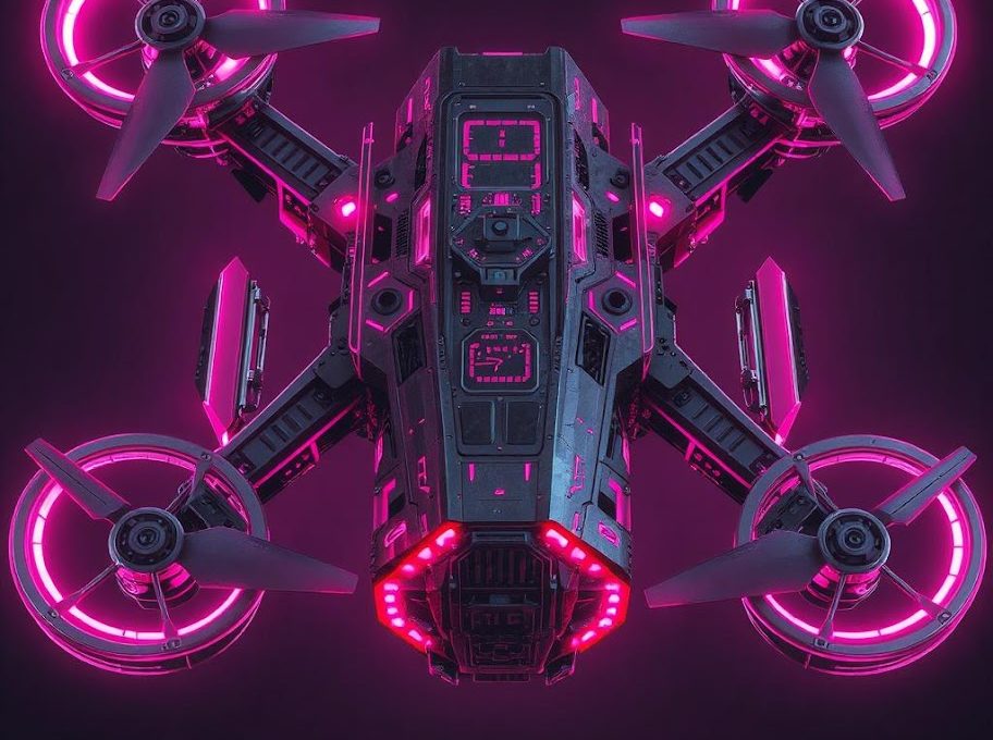 Futuristic quadcopter drone with glowing neon pink propeller rings against dark background