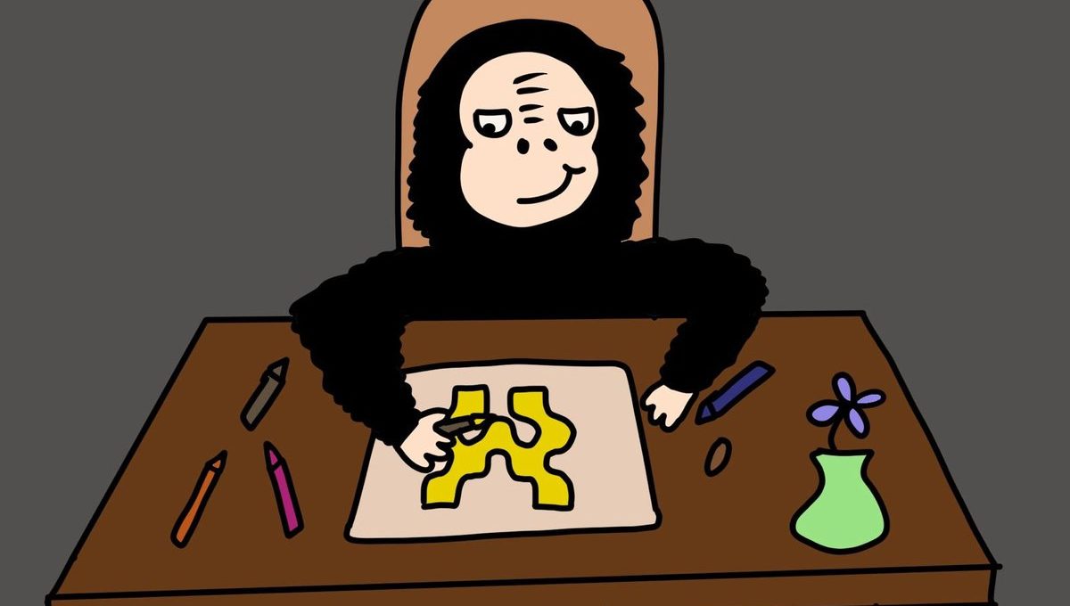 Cartoon monkey sitting at table drawing a yellow abstract shape with crayons.