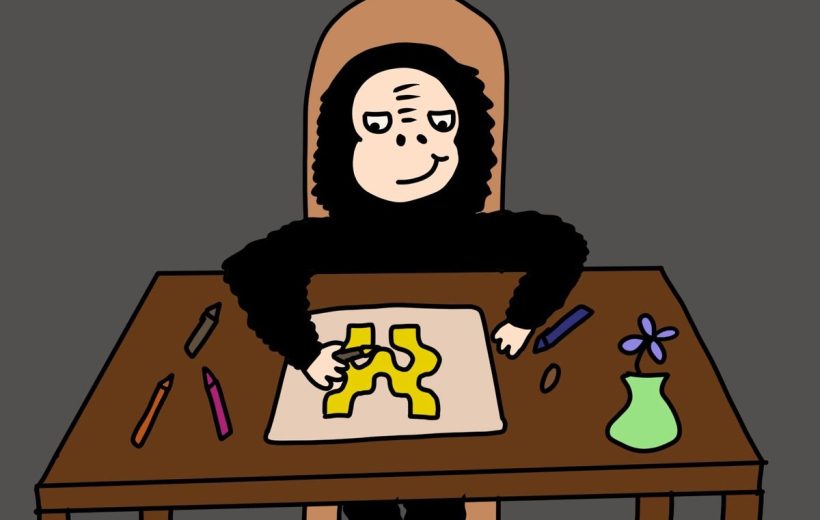 Cartoon monkey sitting at table drawing a yellow abstract shape with crayons.