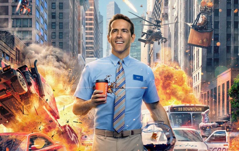 Smiling man in blue shirt holding coffee and fishbowl amid city explosions