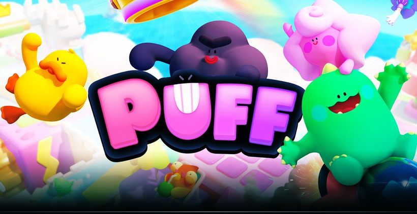 Colorful cartoon puff characters and a bold "PUFF" logo floating over a skyland playground