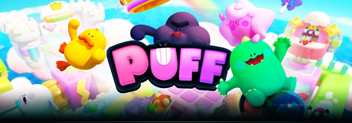 Colorful cartoon puff characters and a bold "PUFF" logo floating over a skyland playground