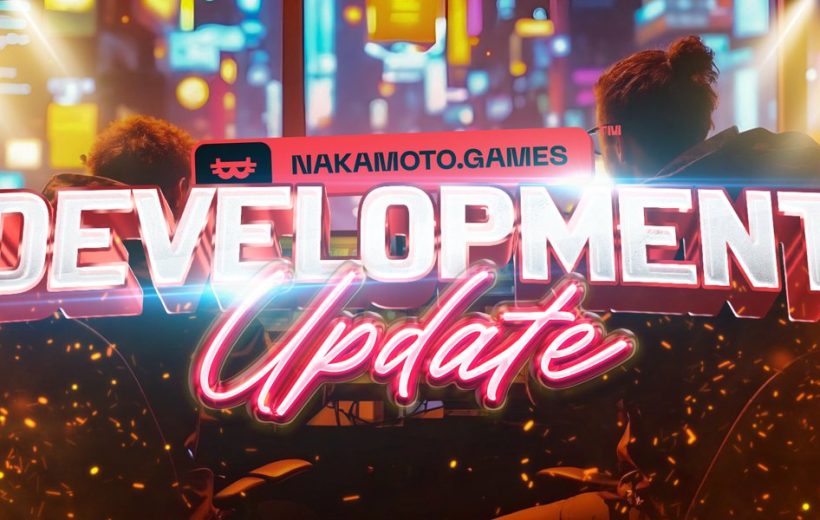 Two developers at computers with bright neon "Development Update" text overlayed across scene