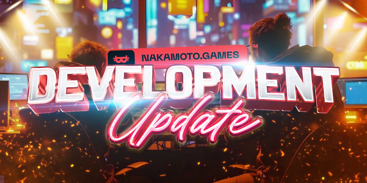 Two developers at computers with bright neon "Development Update" text overlayed across scene