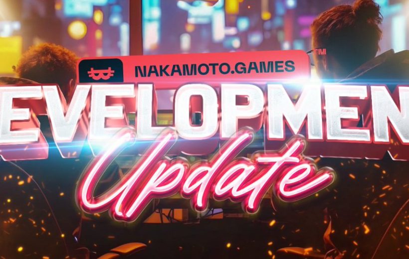 Two developers at gaming PCs with bold "Development Update" neon text overlaying scene