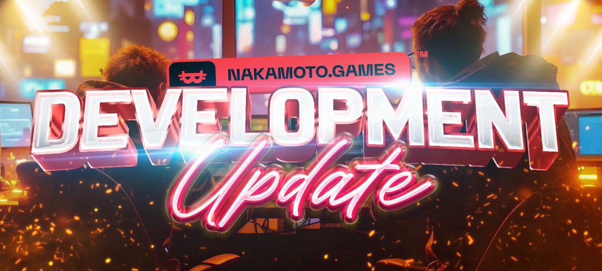 Two developers at gaming PCs with bold "Development Update" neon text overlaying scene