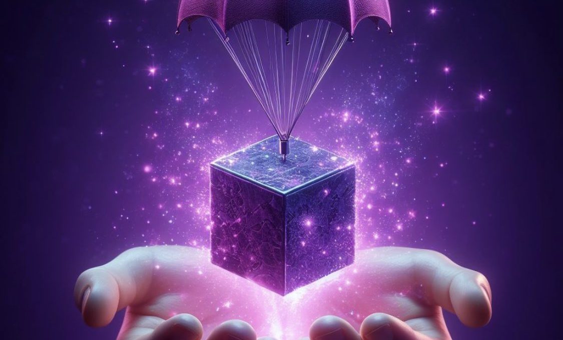 Open hands cradling a glowing purple cube suspended by a small umbrella parachute