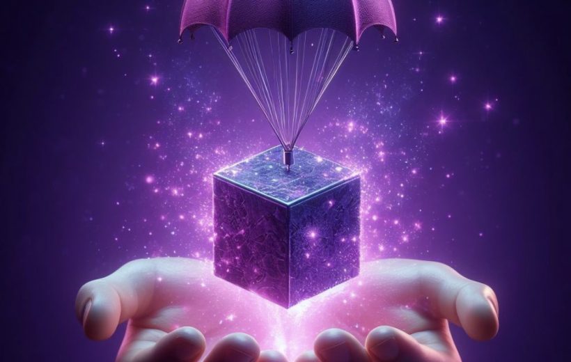 Open hands cradling a glowing purple cube suspended by a small umbrella parachute