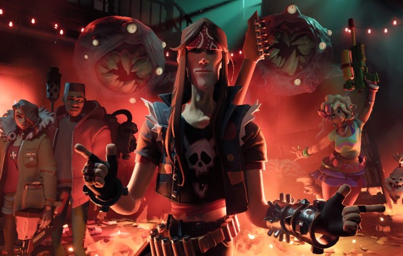 Punk rocker leading a diverse group of armed survivors through a fiery, monster-infested room