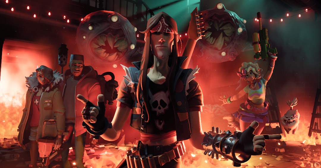 Punk rocker leading a diverse group of armed survivors through a fiery, monster-infested room
