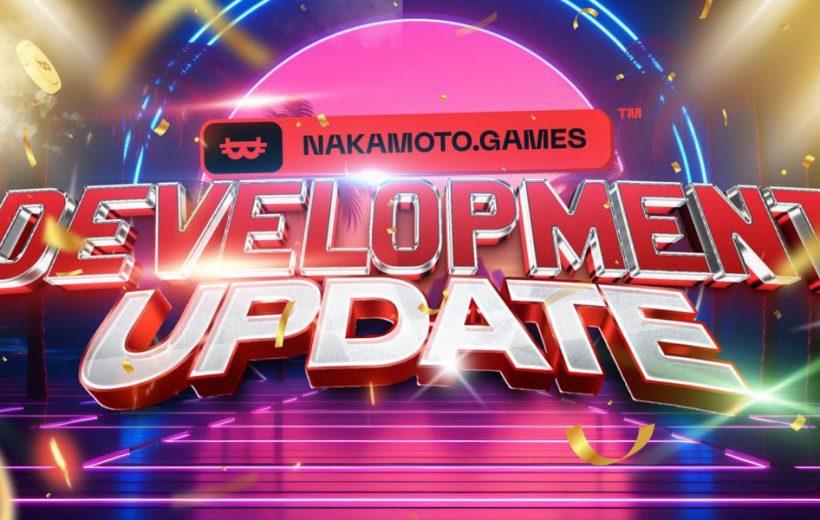 Bold 3D text reading "Development Update" with Nakamoto.Games logo and neon stage background