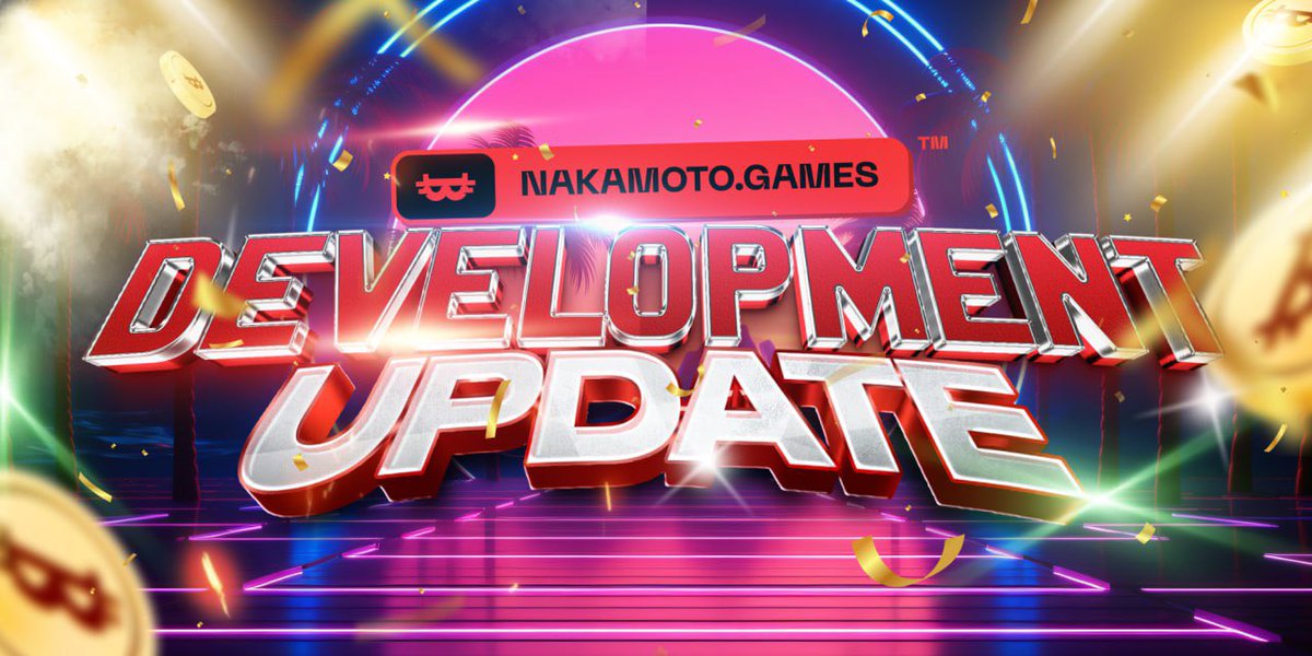 Bold 3D text reading "Development Update" with Nakamoto.Games logo and neon stage background