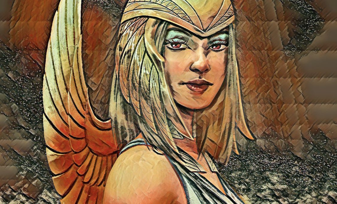 Winged warrior woman in golden helmet and armor, looking confidently toward viewer
