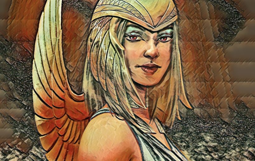 Winged warrior woman in golden helmet and armor, looking confidently toward viewer