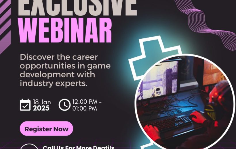 Gamer at PC workstation with headset next to text promoting exclusive game development webinar