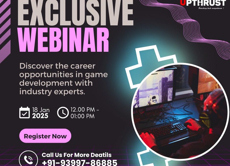Gamer at PC workstation with headset next to text promoting exclusive game development webinar