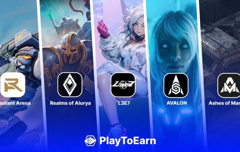 Five PlayToEarn game banners showing logos and characters for different sci-fi and fantasy titles