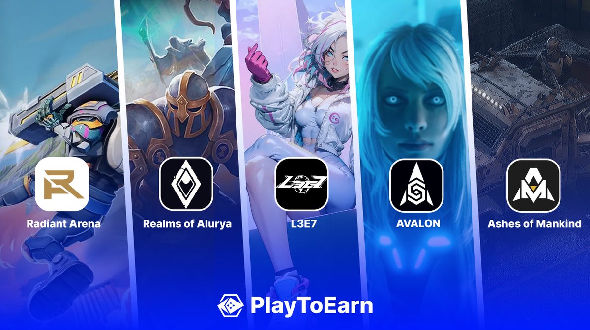 Five PlayToEarn game banners showing logos and characters for different sci-fi and fantasy titles