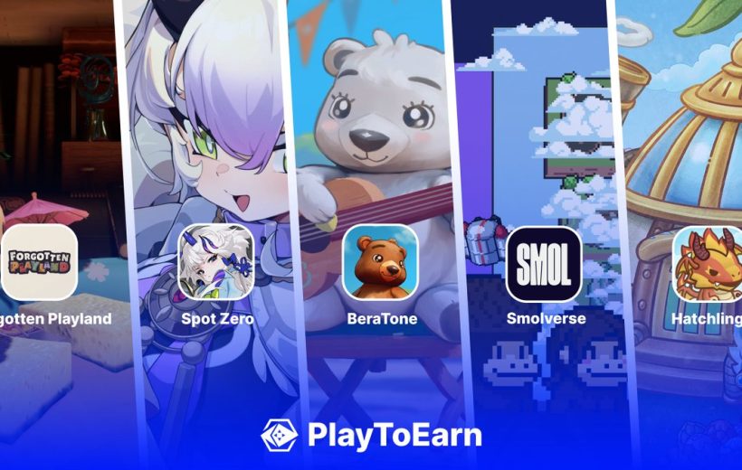 Carousel of colorful mobile game icons and artwork above a "PlayToEarn" banner