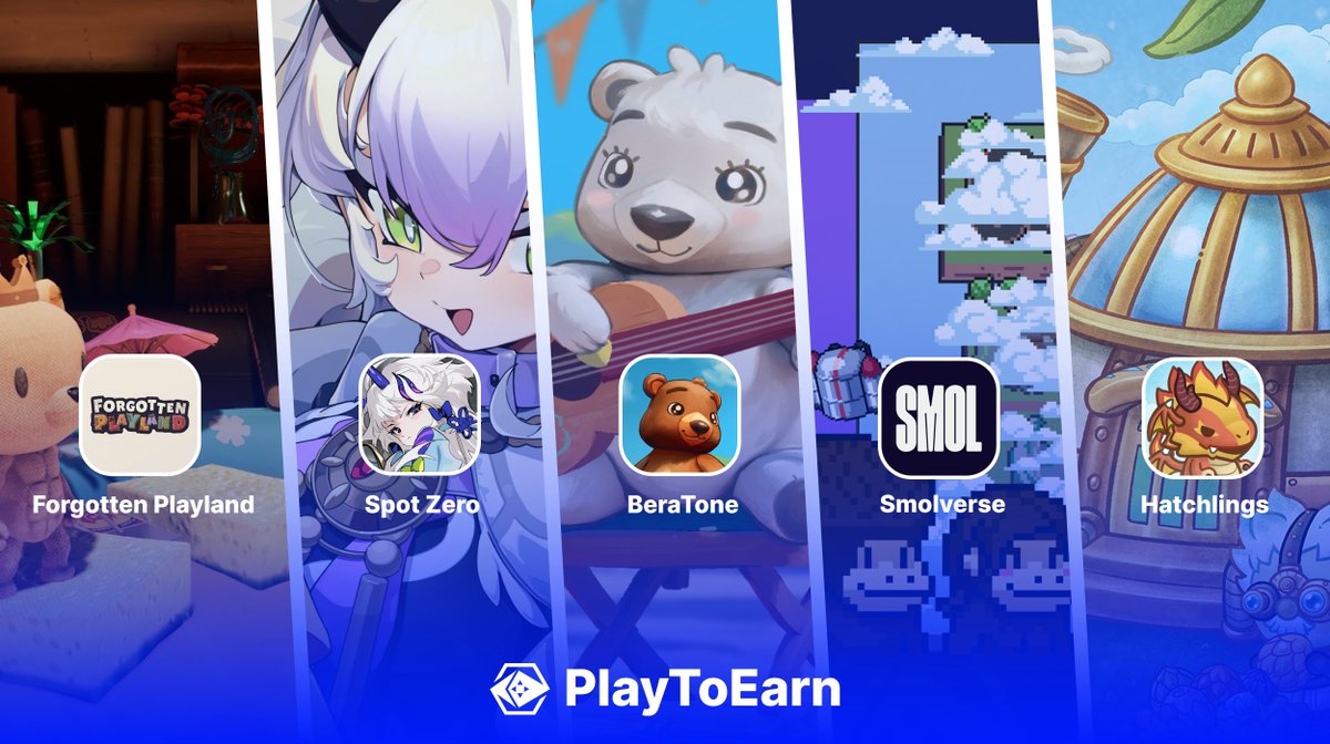 Carousel of colorful mobile game icons and artwork above a "PlayToEarn" banner