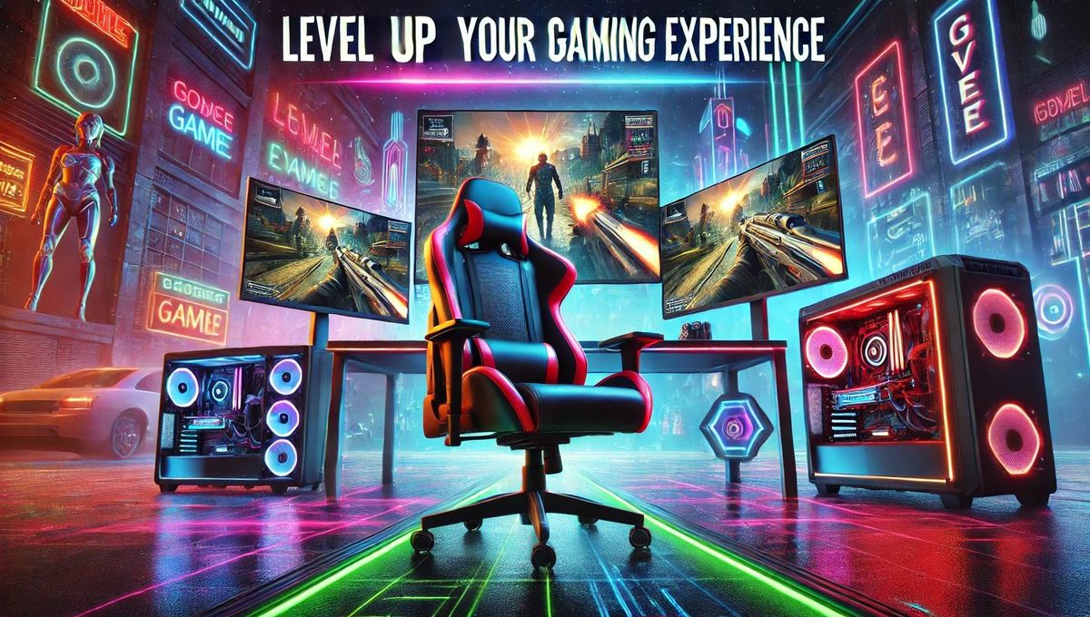 Gaming setup with racing-style chair, triple monitors, and RGB-lit PC towers in neon room