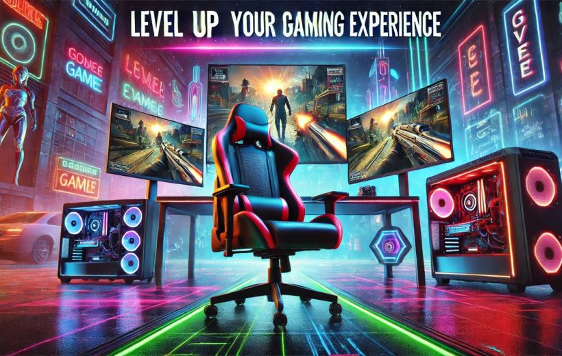 Gaming setup with racing-style chair, triple monitors, and RGB-lit PC towers in neon room