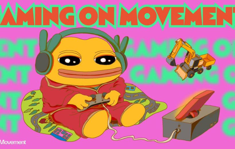 Cartoon frog character with headset playing video games amid bright “Gaming on Movement” text