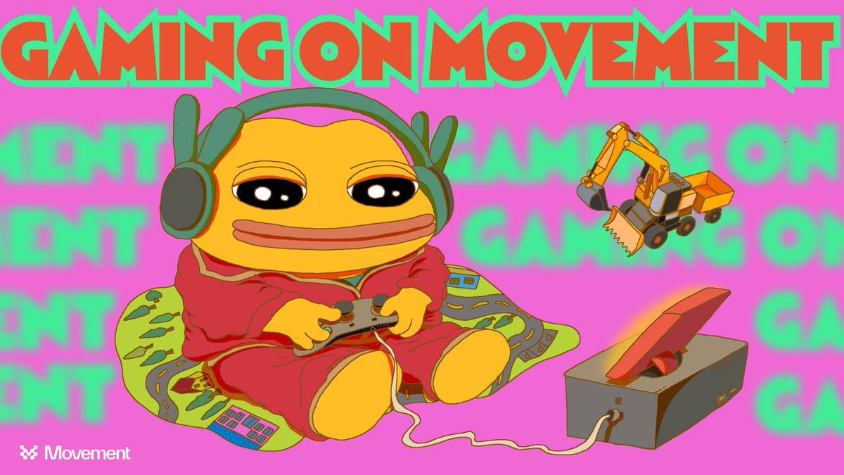 Cartoon frog character with headset playing video games amid bright “Gaming on Movement” text