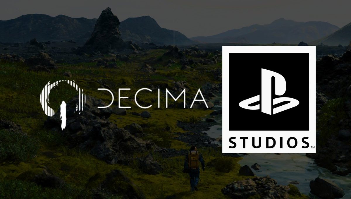 Decima logo beside PlayStation Studios emblem over a lone traveler in rocky landscape