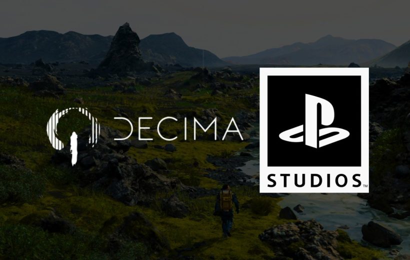 Decima logo beside PlayStation Studios emblem over a lone traveler in rocky landscape