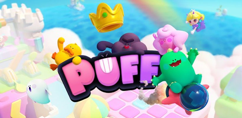 Colorful cartoon creatures and a crown floating above the word "PUFF" in sky