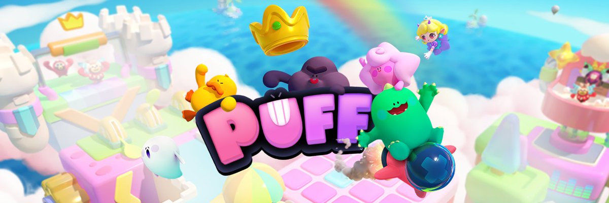 Colorful cartoon creatures and a crown floating above the word "PUFF" in sky