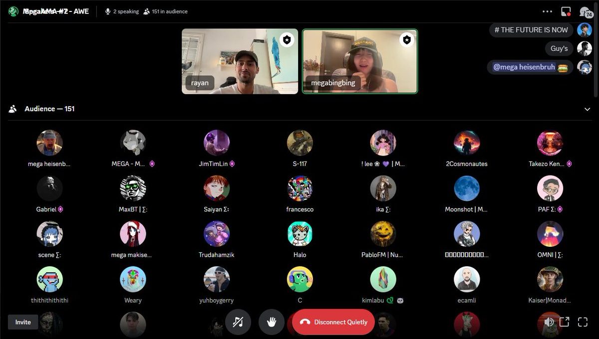 Virtual online meeting interface showing two speakers and a grid of audience avatars.