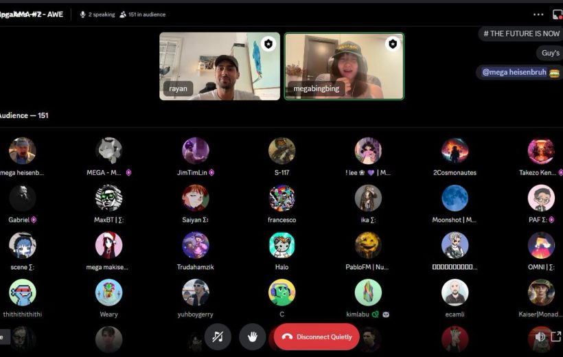 Virtual online meeting interface showing two speakers and a grid of audience avatars.