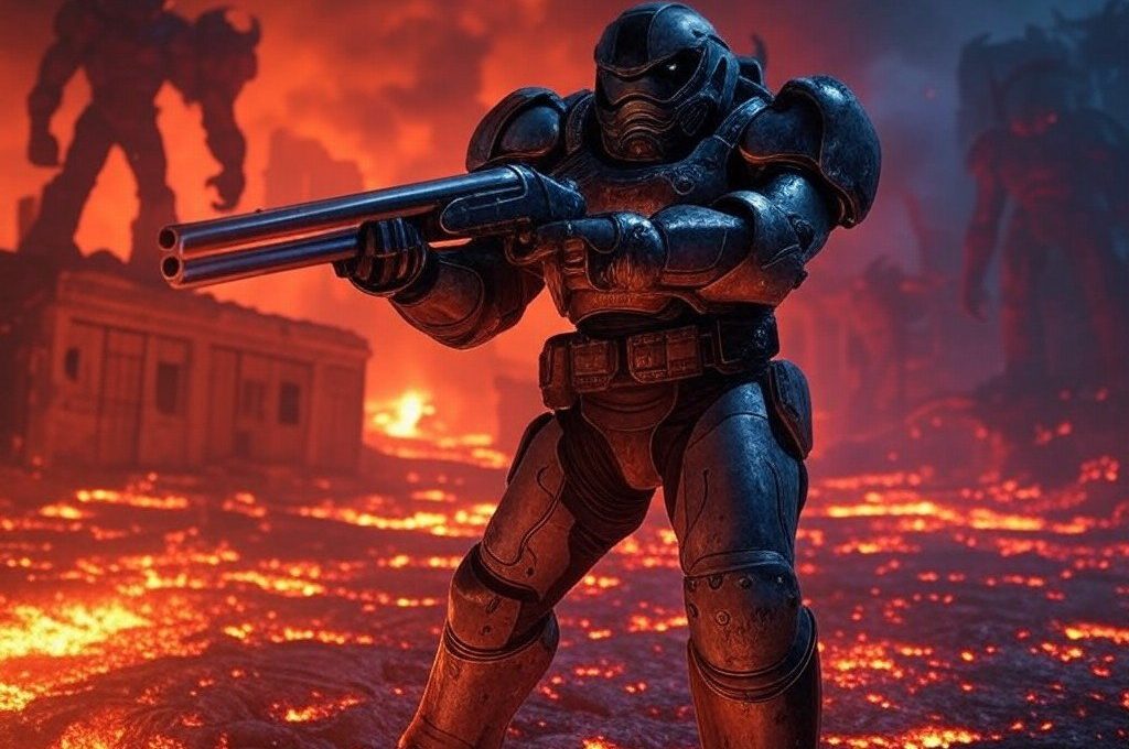 Armored soldier in bulky power armor wielding a double-barrel shotgun on molten battlefield