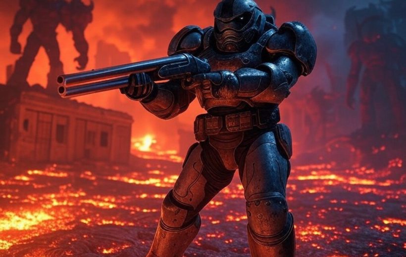 Armored soldier in bulky power armor wielding a double-barrel shotgun on molten battlefield