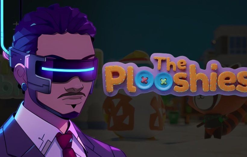 Stylized man in suit wearing glowing VR visor beside colorful "The Plooshiess" logo
