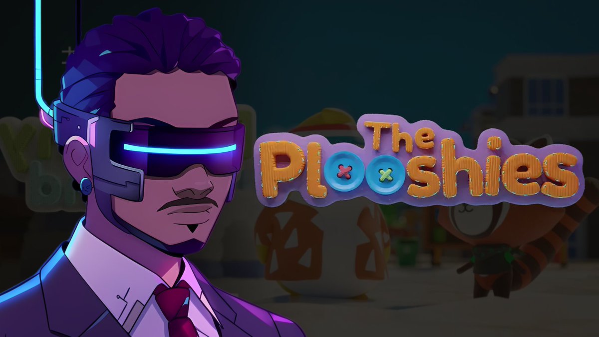 Stylized man in suit wearing glowing VR visor beside colorful "The Plooshiess" logo