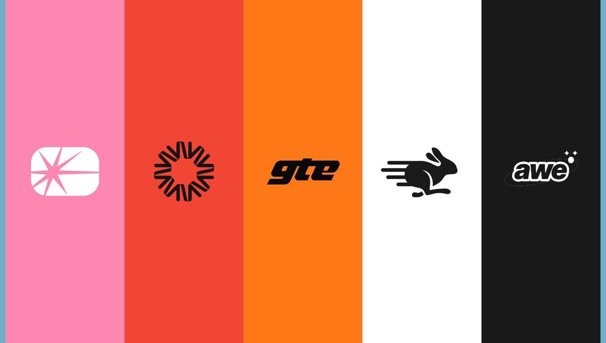 Five vertical colored panels each with a simple black or white logo centered on them.