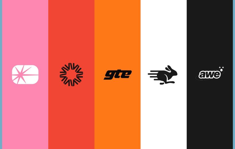 Five vertical colored panels each with a simple black or white logo centered on them.