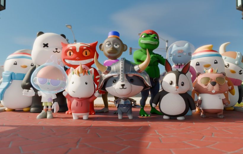 Colorful group of cute animated animal and character mascots standing confidently outdoors.