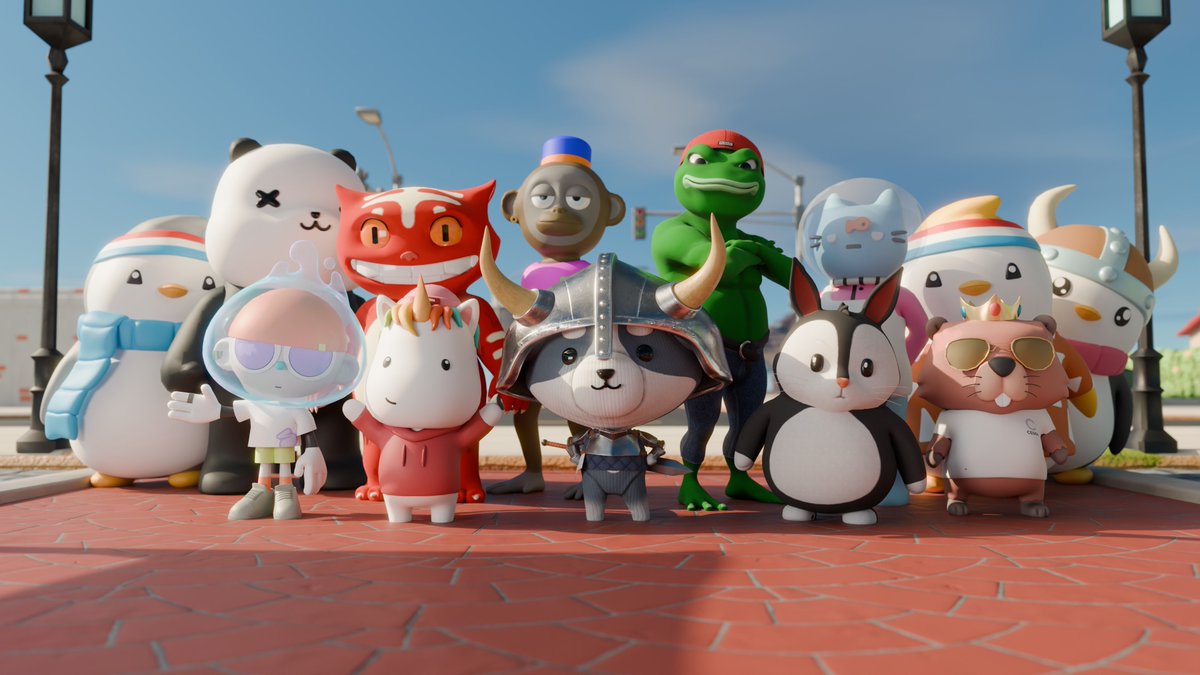 Colorful group of cute animated animal and character mascots standing confidently outdoors.
