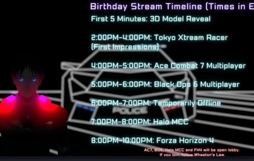 Neon-styled birthday stream schedule listing game time slots over silhouetted cyber character and car