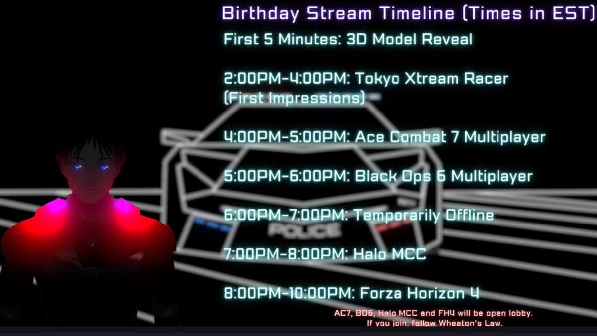 Neon-styled birthday stream schedule listing game time slots over silhouetted cyber character and car