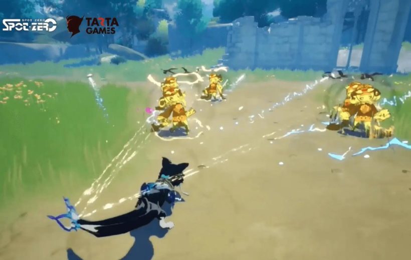 Player character firing electric bow at three glowing golden enemies in grassy ruins