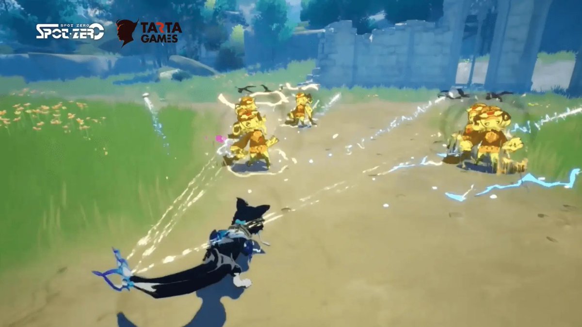 Player character firing electric bow at three glowing golden enemies in grassy ruins