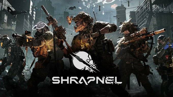 Four heavily armed futuristic soldiers in urban combat gear advancing under a ruined cityscape